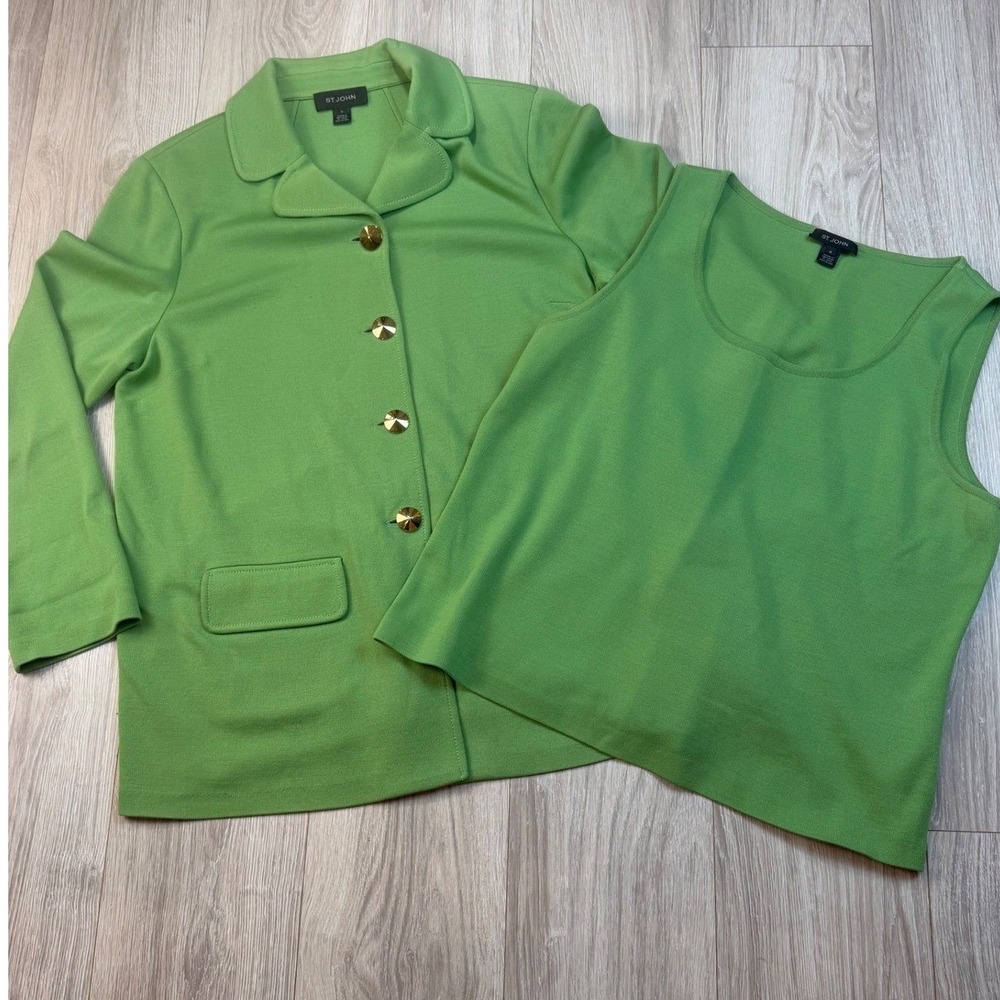St.‎ John Collection Green Knit Jacket & Tank Set Size 16 XL Wool Blend Santana - Picture 2 of 8